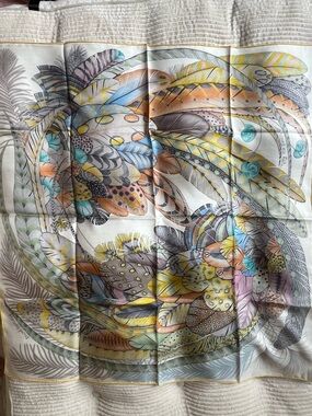 Hermes Plumes en Fete 90cm Silk Feather Print Scarf in Pastel Yellow, Blue, Pink